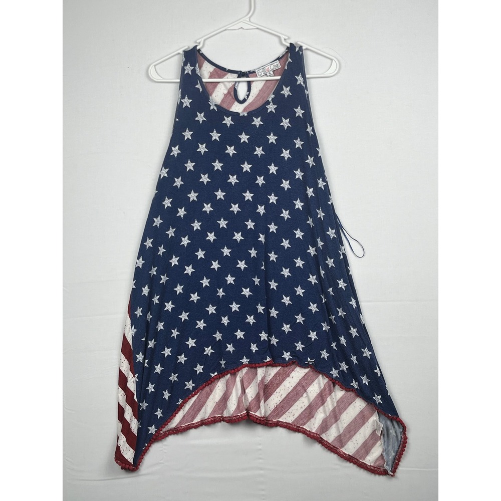 All at Once Americana Star Stripe Handkerchief Hem Tank Top‎ Womens XL Blue Red